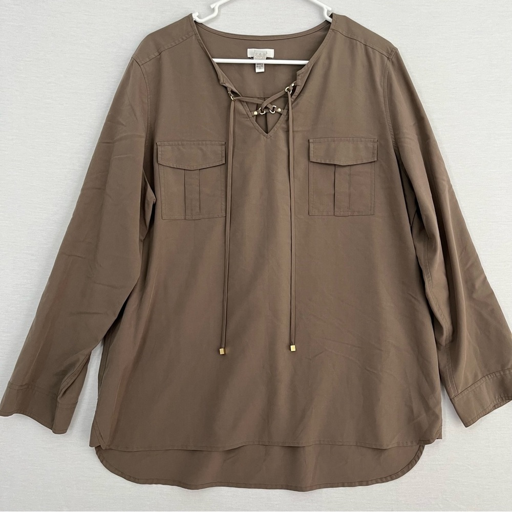 Chico's Light Brown Lace Up Front Long Sleeve Pullover Top Large